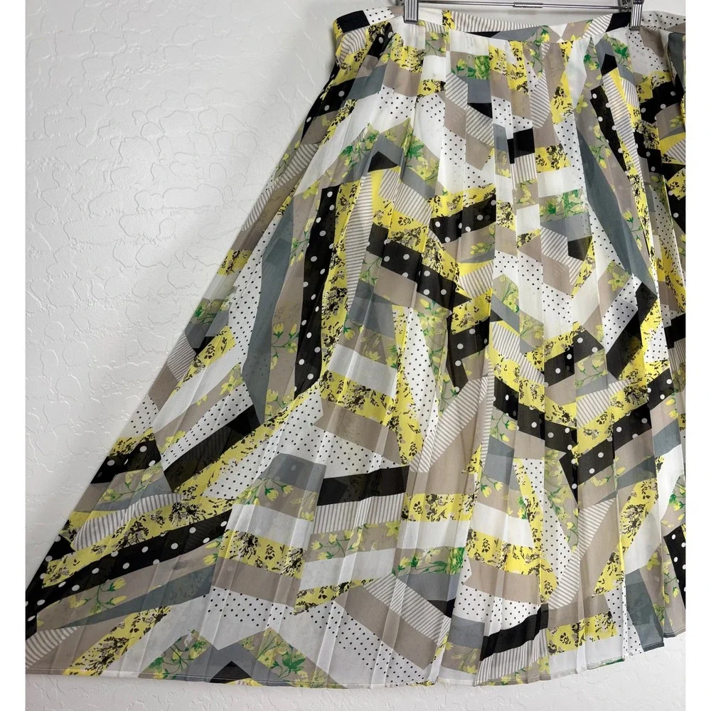 Calvin Klein Floral Pleated Midi Skirt Yellow Black Floral Patchwork 16W 2114‎